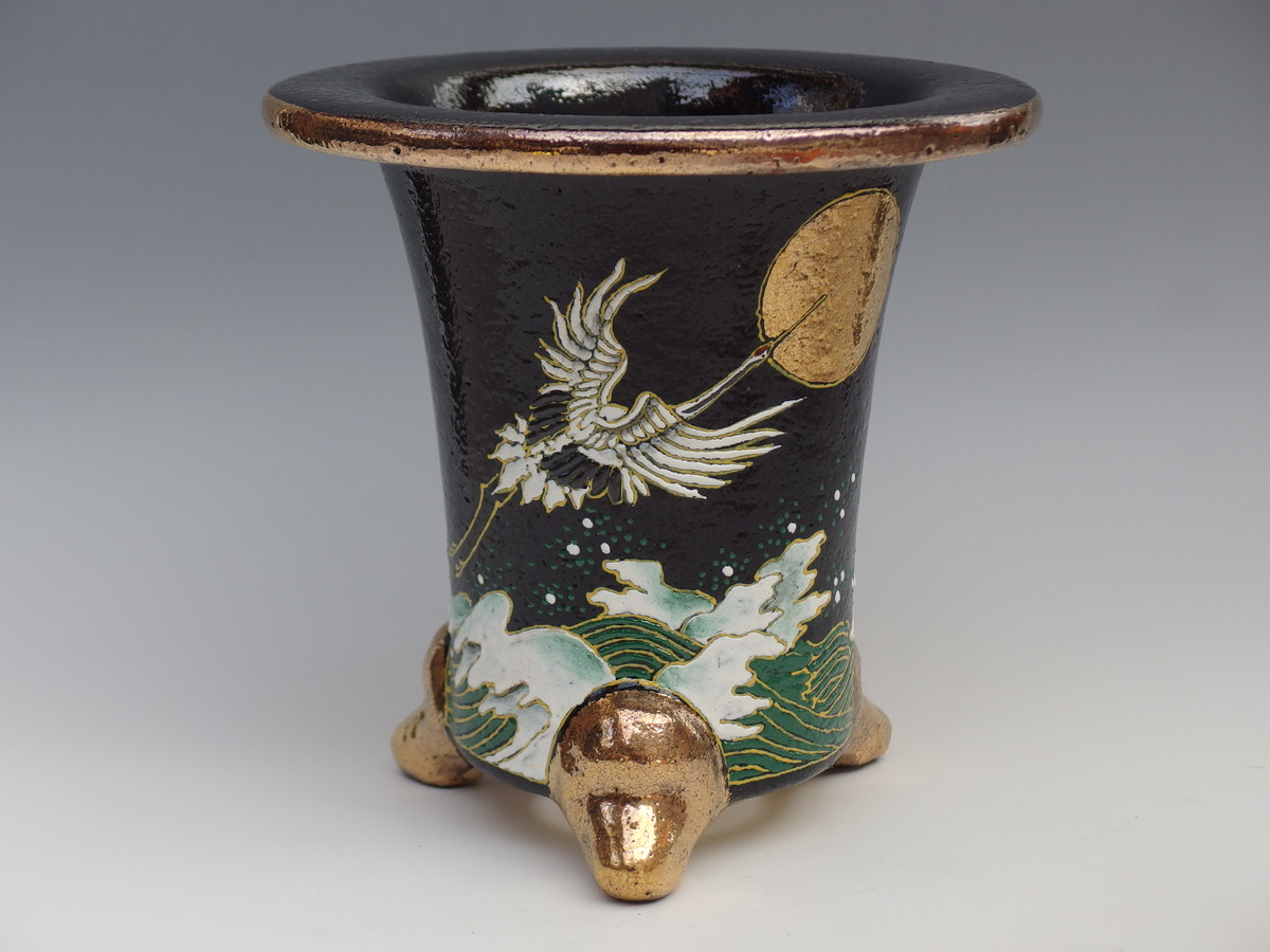 4921,大波鶴楽鉢　外形  約17.5cm 高さ 約17.2cm