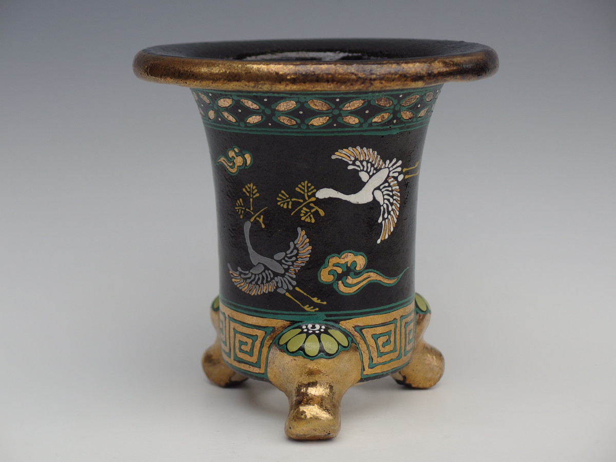 4546,鶴楽鉢　外形約12.6cm　月保絵