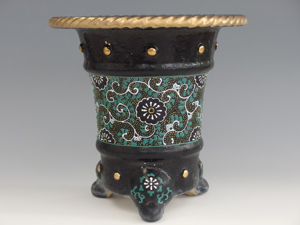 4589,縄縁太鼓胴唐草華絵中古鉢　外形  約17.5cm