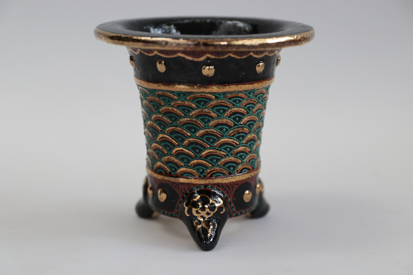 2409,太鼓胴金青海波万年青楽鉢  外径約9.4cm　華サイン　【38000→天下一植物界御礼特価！！！】
