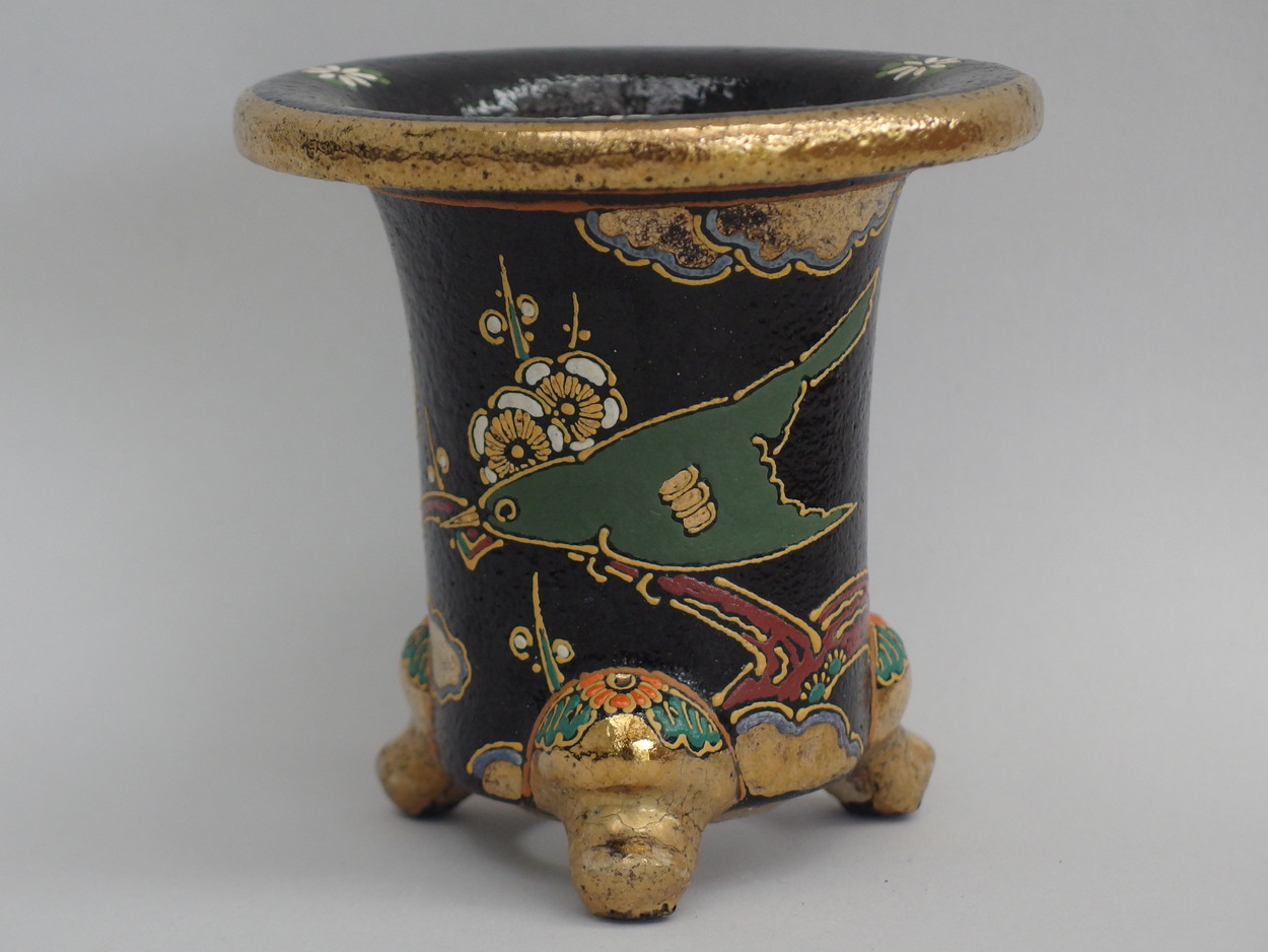 2022,　梅に鶯　万年青楽鉢　外径約10.9cm　月保絵　中古