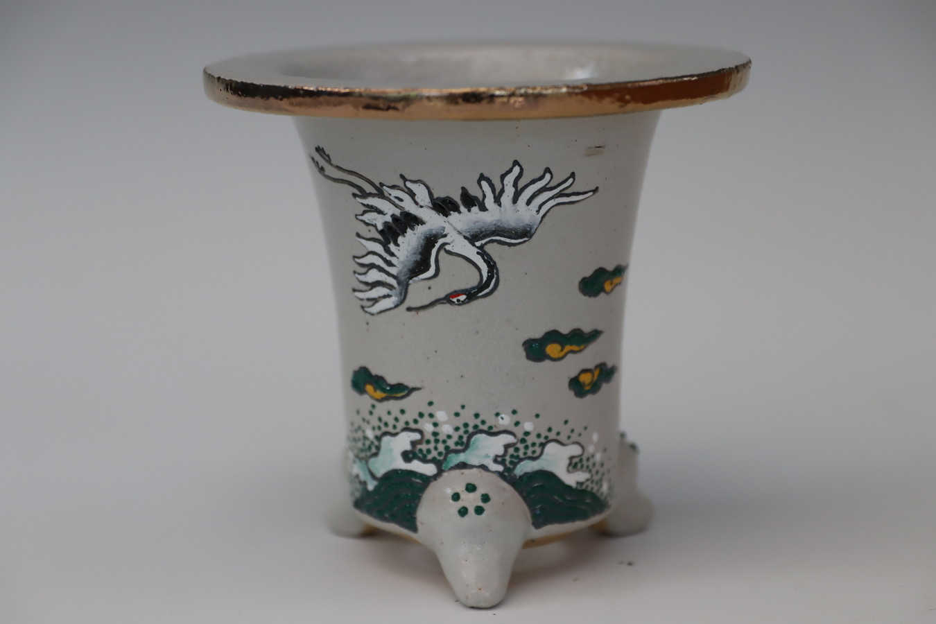 3034,白地 海に鶴 萬年青楽鉢 外径約11.8cm