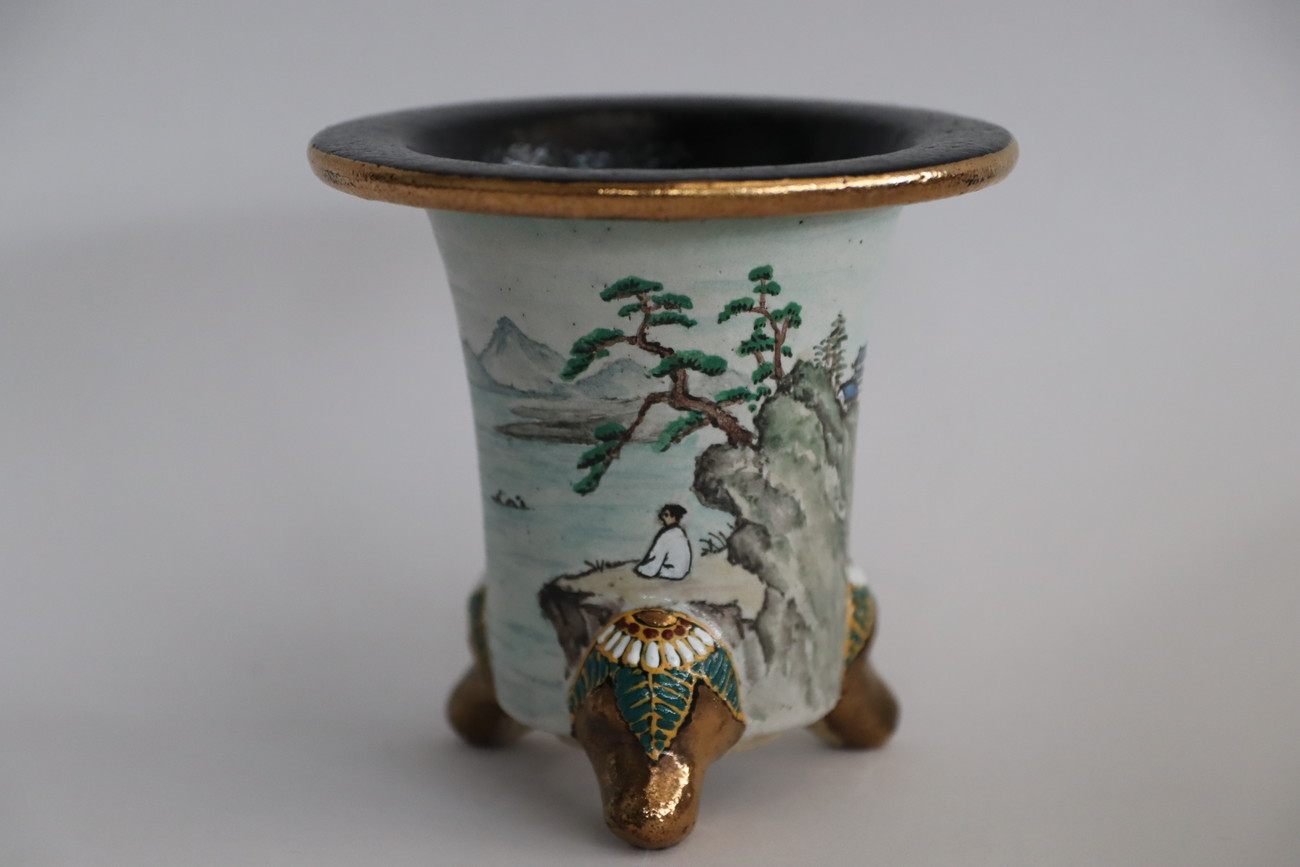 2000,彩色山水萬年青楽鉢 外径約10.9cm　清山サイン　古い