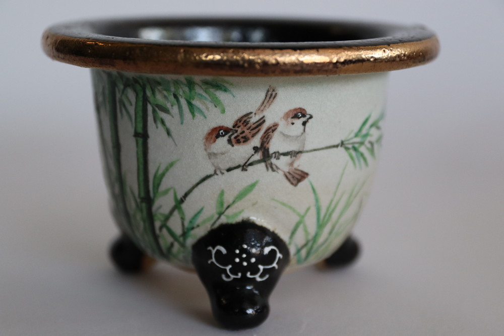 2280,竹雀 外径約10.8cm 高さ約7.4cm 清山画 フウラン鉢 富貴蘭